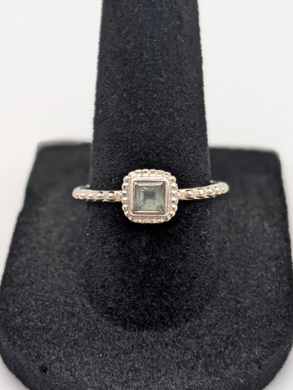 Vintage RJ 925 Sterling Silver Blue Topaz Ring Size 7 Milgrain Beaded Band